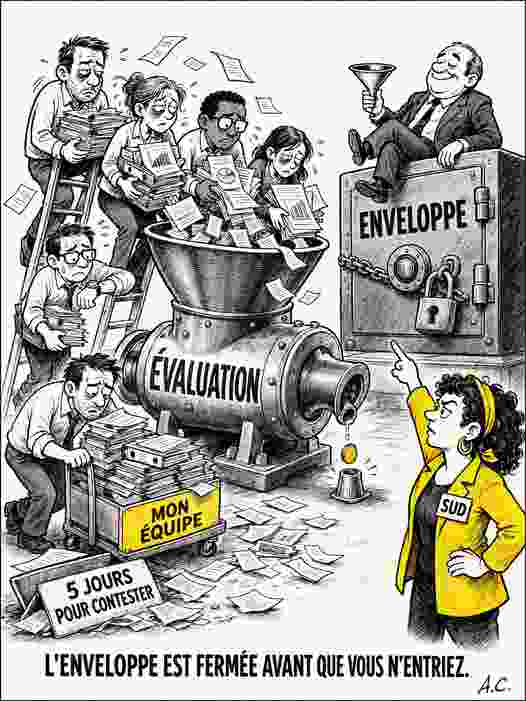 Illustration : l'évaluation broyée, l'enveloppe verrouillée.