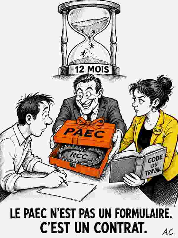 Illustration : un cadeau « PAEC » qui cache un piège « RCC », face à une élue SUD tenant le Code du travail.