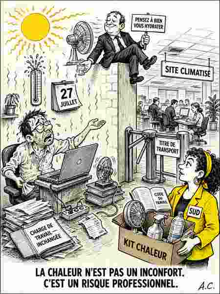 Illustration : un salarié transpire seul devant son écran pendant qu'un manager, au frais, brandit « pensez à bien vous hydrater » ; une élue SUD apporte un kit chaleur.