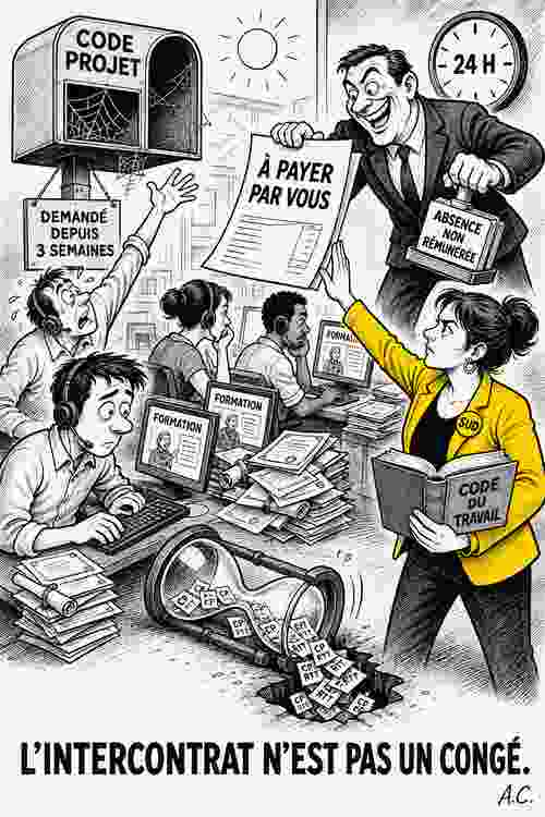 Illustration : un manager tamponne « absence non rémunérée » et fait payer le salarié, pendant qu'une élue SUD brandit le Code du travail.