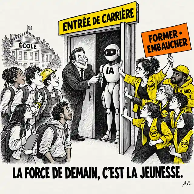 Caricature&nbsp;: un dirigeant ferme la porte de l'entrée de carrière et en confie la clé à un robot IA, tandis que des militants SUD retiennent la porte pour les jeunes