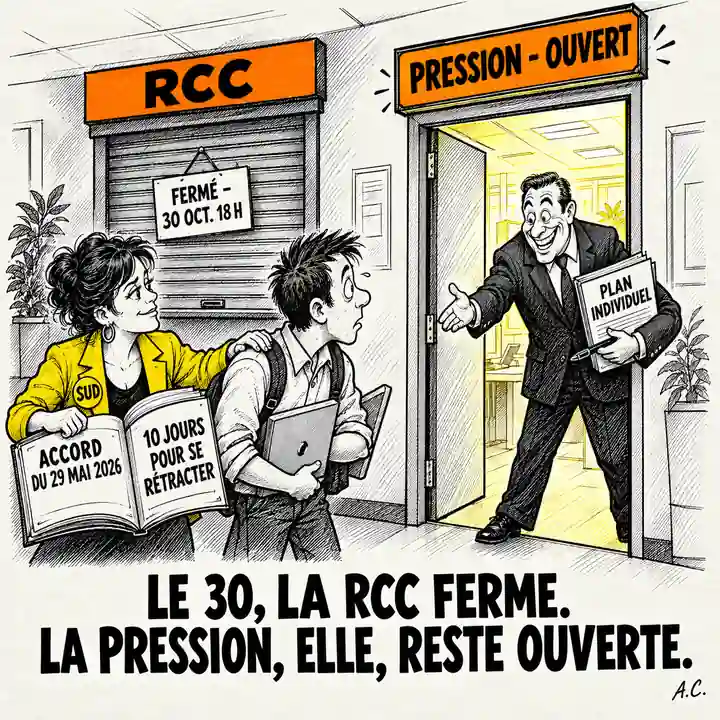 Caricature : le guichet RCC est fermé, la porte « Pression - Ouvert » reste grande ouverte ; une militante SUD montre au salarié l'accord et ses 10 jours pour se rétracter